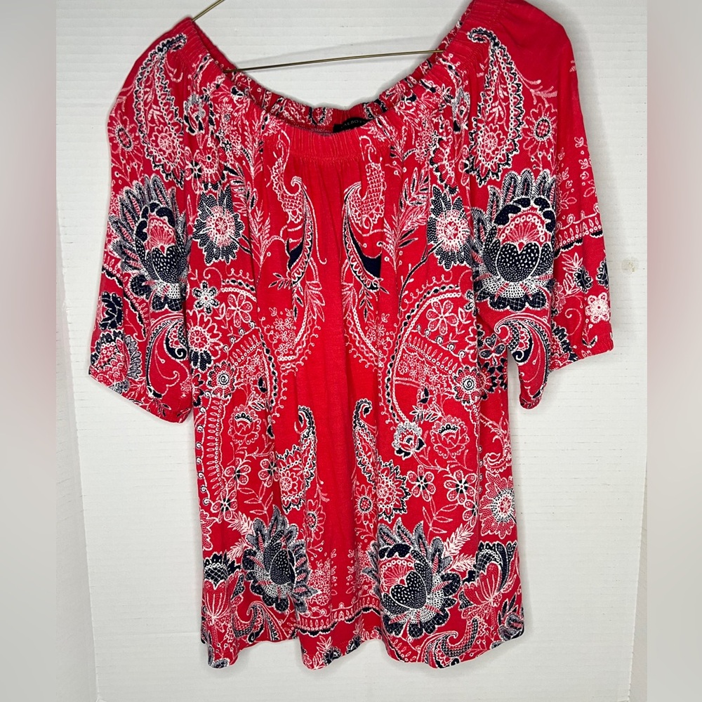 Talbots Medium Orange Blue Stretch Elastic Scoop Neck Rayon Blouse M